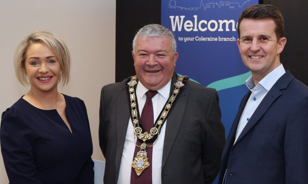 From left Eighrean Horner, Bank of Ireland Coleraine Branch Manager, Councillor Ivor Wallace, The Mayor of Causeway Coast and Glens Borough Council and William Thompson, Head of Consumer Banking NI at Bank of Ireland